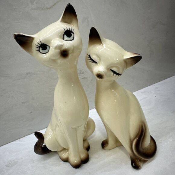 2 Vintage Ceramic Vicki MCM Siamese Cats 7in and 8in Tall Signed Delicate Lovely - Picture 4 of 14